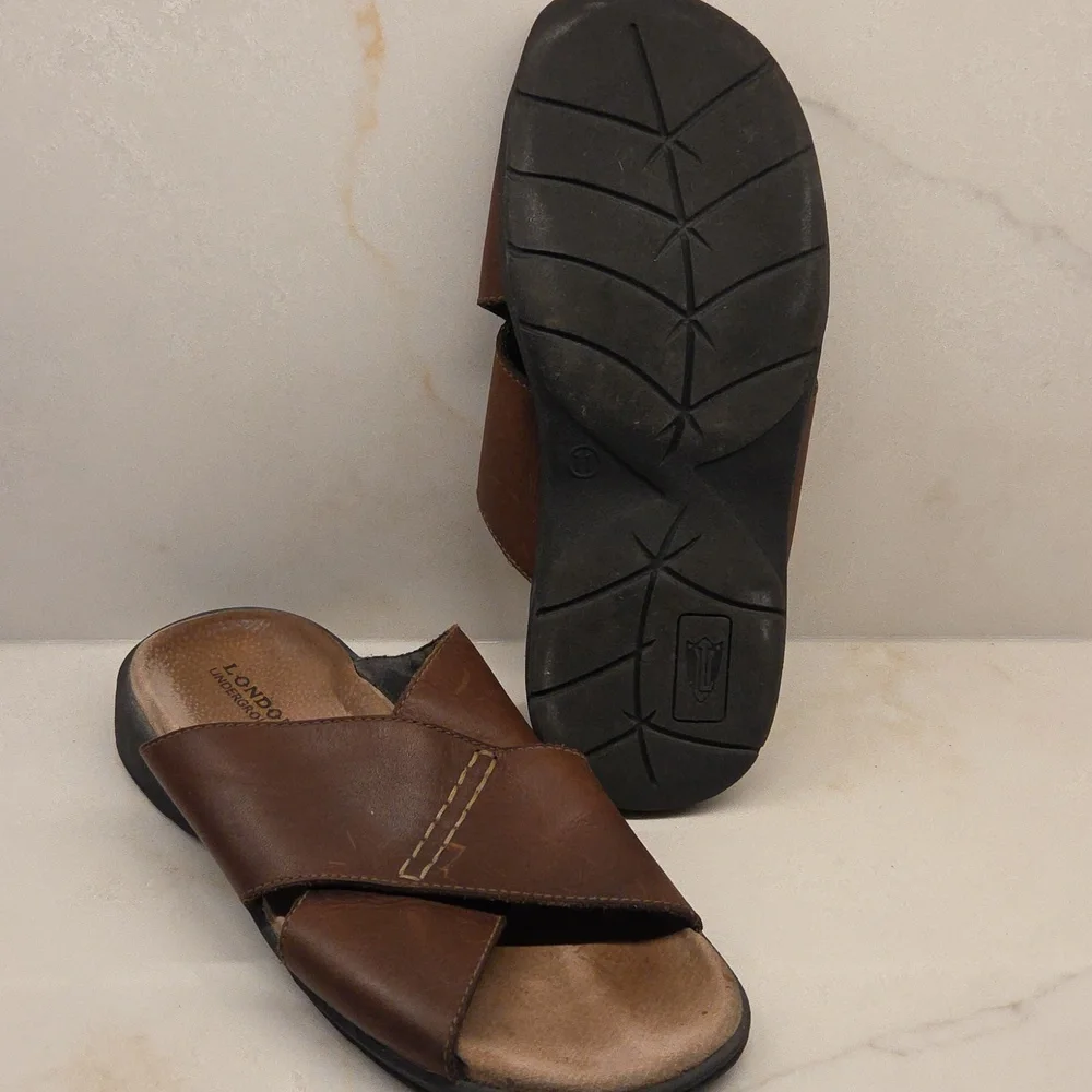 London Underground Holt Brown Leather Slide Sandals Sz 11